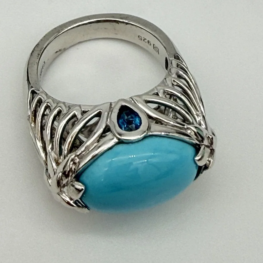 Vtg MICHELLE ALBALA Turquoise Blue Topaz Ring Sterling‎ Silver Ring Size 7 QVC